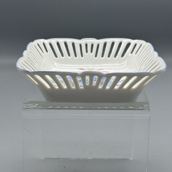 Vtg Reutter Porcelain Reticulated W Germany Square Trinket Dish Forget Me Knots - Picture 4 of 8